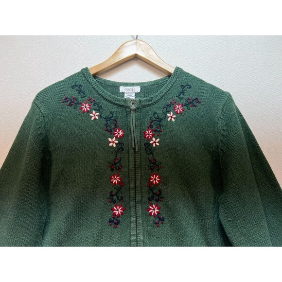 Northern Reflections Womens Zip Up Cardigan Sweater Sz L Green Embroidery Floral - Picture 4 of 11
